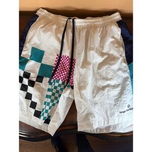 Sergio Tacchini Mens 3XL White Geometric Checkerboard Nylon Track Shorts Retro
